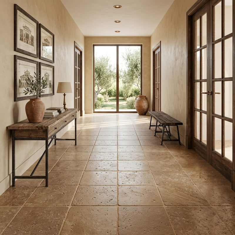 Noce Travertine Tumbled 18 x 18 x 1/2 Cross Cut Tile 18x18 — Hallway floor