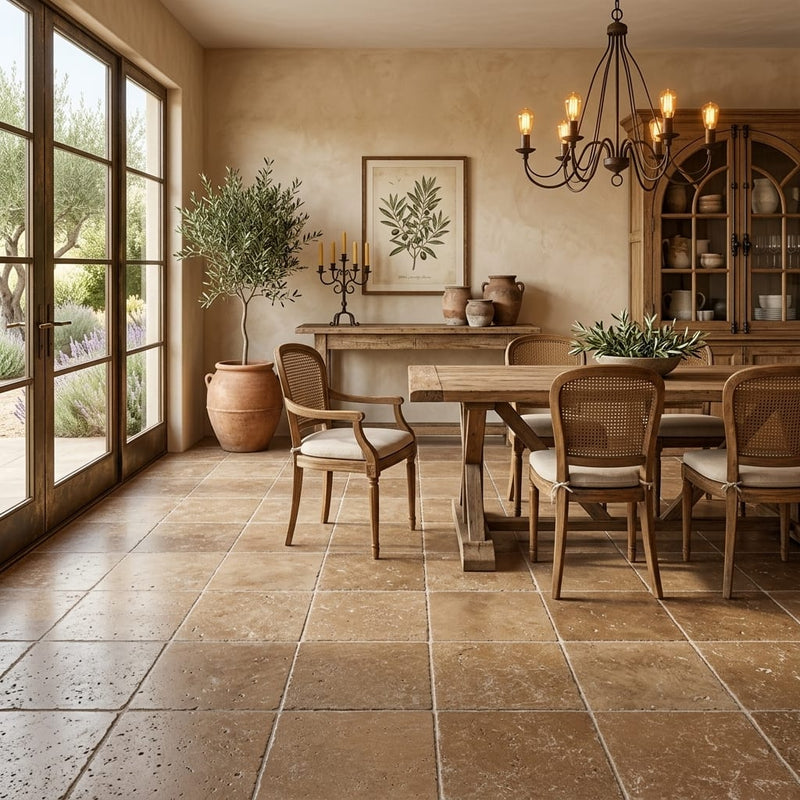 Noce Travertine Tumbled 18 x 18 x 1/2 Cross Cut Tile 18x18 — Living Room floor
