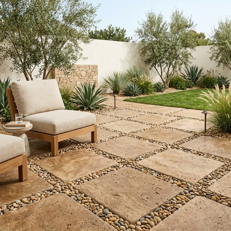 Noce Travertine Tumbled 24 x 24 x 1.25 Paver 24x24 — Backyard patio