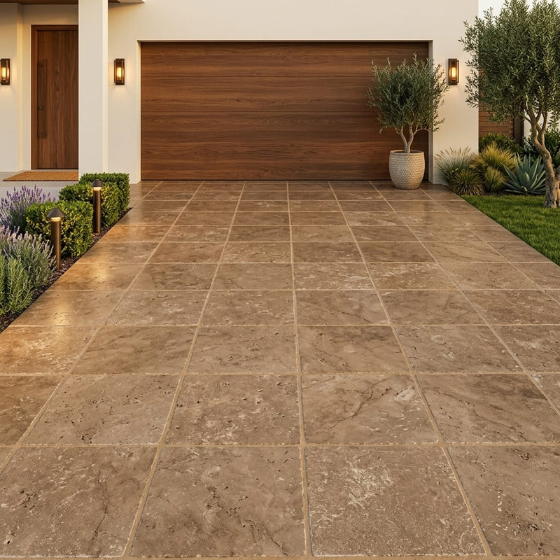 Noce Travertine Tumbled 24 x 24 x 1.25 Paver 24x24 — Front Yard driveway