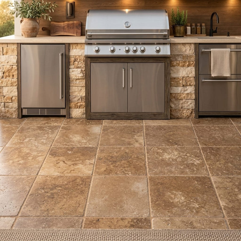 Noce Travertine Tumbled 24 x 24 x 1.25 Paver 24x24 — Outdoor Kitchen floor