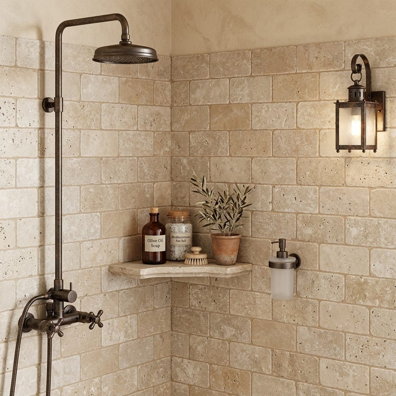 Noce Travertine Tumbled 3 x 6 x 3/8 Cross Cut Tile 3x6 — Bathroom shower wall