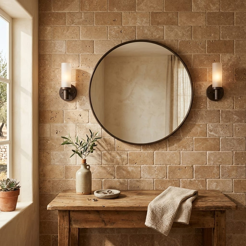 Noce Travertine Tumbled 3 x 6 x 3/8 Cross Cut Tile 3x6 — Bathroom wall