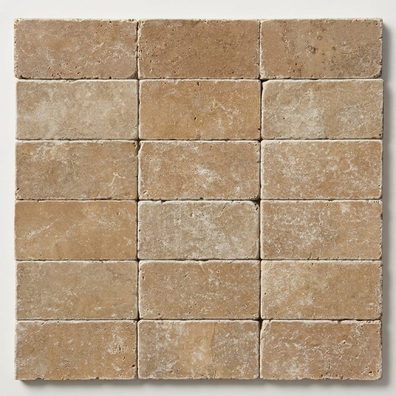 Noce Travertine Tumbled 3 x 6 x 3/8 Cross Cut Tile 3x6 close-up