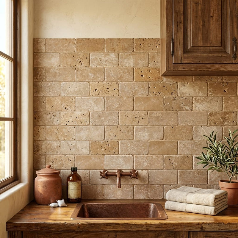 Noce Travertine Tumbled 3 x 6 x 3/8 Cross Cut Tile 3x6 — Laundry Room backsplash