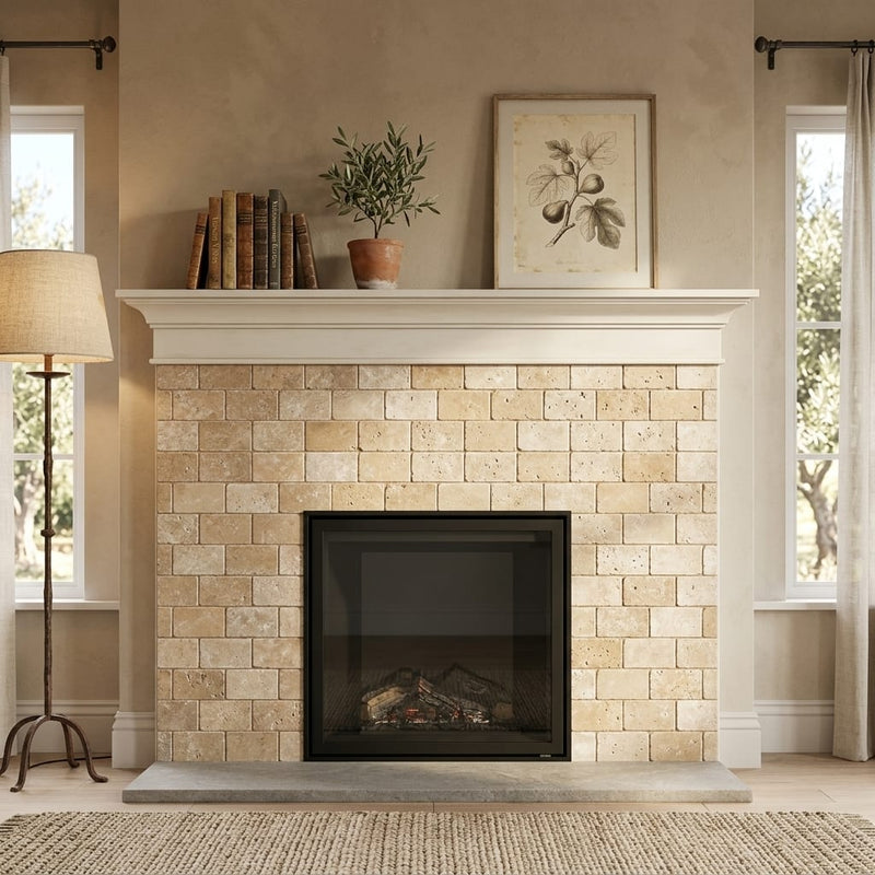 Noce Travertine Tumbled 3 x 6 x 3/8 Cross Cut Tile 3x6 — Living Room fireplace surround