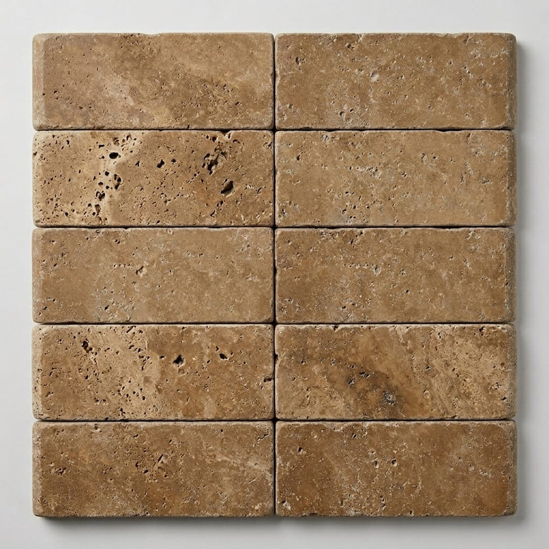 Noce Travertine Tumbled 4 x 12 x 2 Bullnose Coping 4x12 close-up