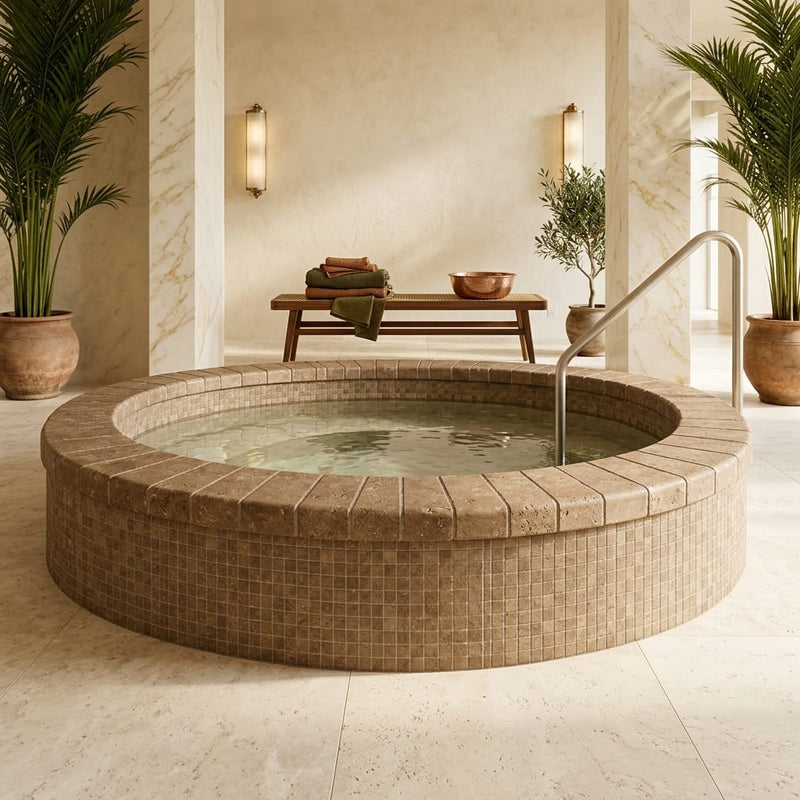 Noce Travertine Tumbled 4 x 12 x 2 Bullnose Coping 4x12 pool coping — Spa spa overhang edge