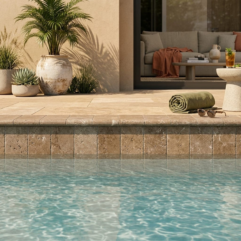 Noce Travertine Tumbled 4 x 12 x 2 Bullnose Coping 4x12 pool coping — Swimming Pool pool edge drop-face coping