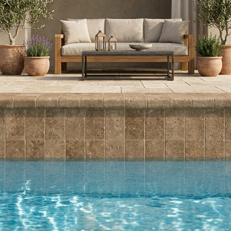 Noce Travertine Tumbled 4 x 12 x 2 Bullnose Coping 4x12 pool coping — Swimming Pool remodel pool edge