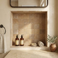 Noce Travertine Tumbled 4 x 4 x 3/8 Cross Cut Tile 4x4 — Bathroom niche