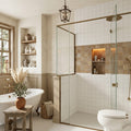 Noce Travertine Tumbled 4 x 4 x 3/8 Cross Cut Tile 4x4 — Bathroom shower wall accent band