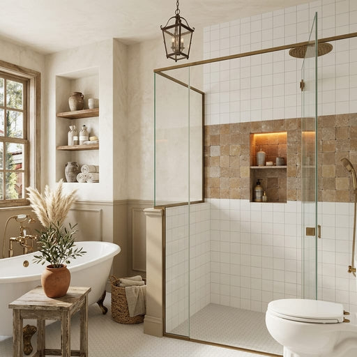 Noce Travertine Tumbled 4 x 4 x 3/8 Cross Cut Tile 4x4 — Bathroom shower wall accent band