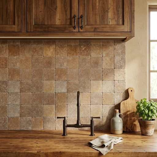 Noce Travertine Tumbled 4 x 4 x 3/8 Cross Cut Tile 4x4 — Kitchen backsplash