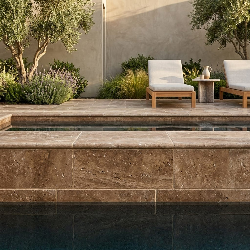 Noce Travertine Tumbled 6 x 12 x 1.25 Bullnose Coping 6x12 pool coping — Swimming Pool pool edge drop-face coping