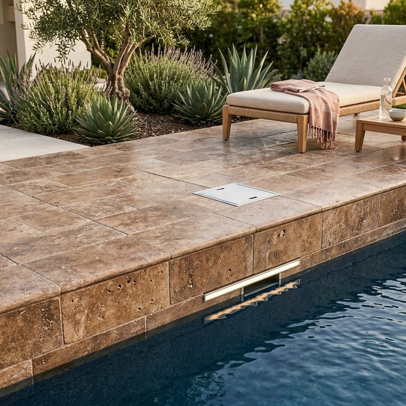 Noce Travertine Tumbled 6 x 12 x 1.25 Bullnose Coping 6x12 pool coping — Swimming Pool remodel pool edge