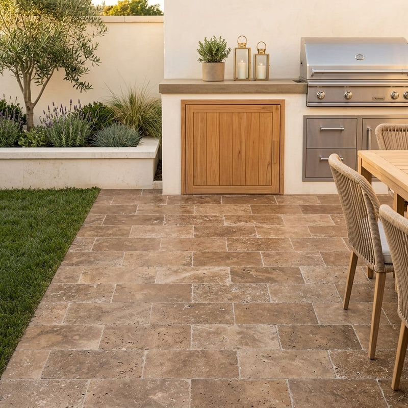 Noce Travertine Tumbled 6 x 12 x 1.25 Paver 6x12 — Backyard patio