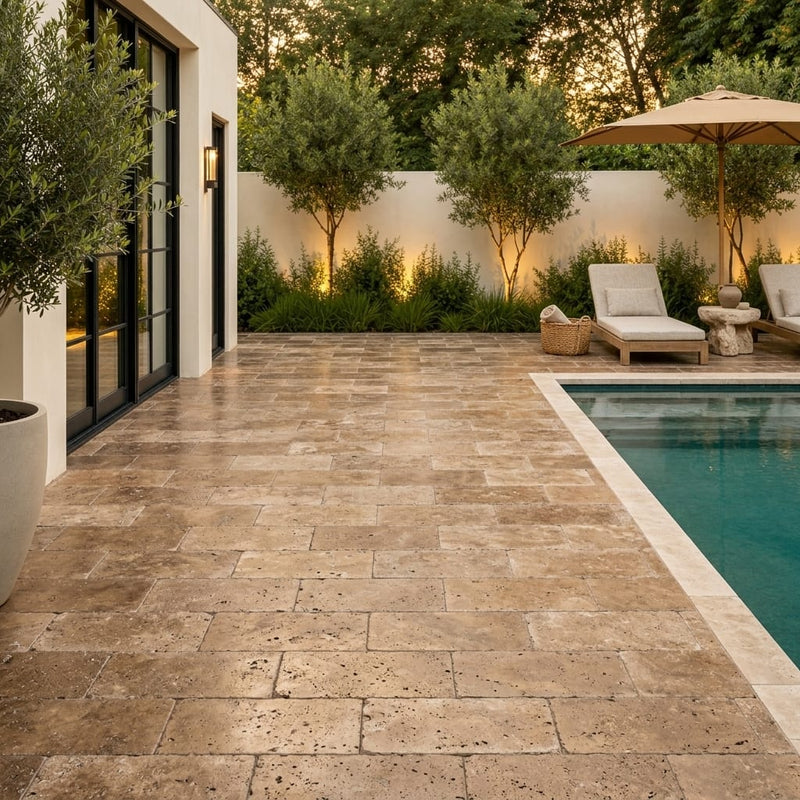 Noce Travertine Tumbled 6 x 12 x 1.25 Paver 6x12 — Backyard pool deck
