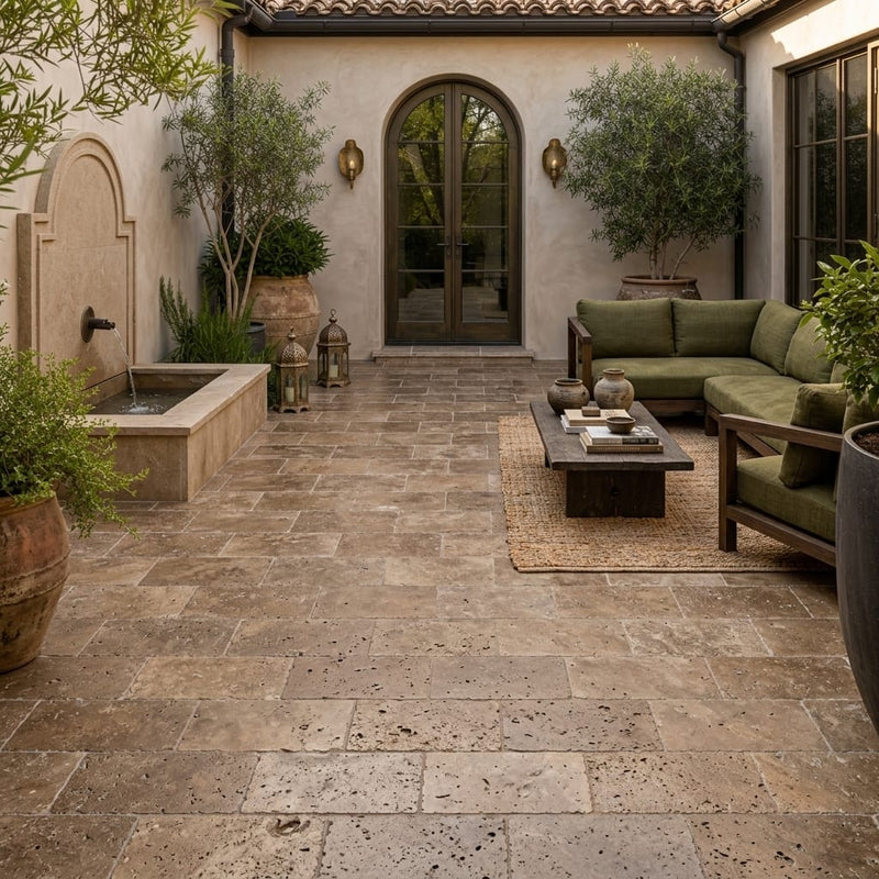 Noce Travertine Tumbled 6 x 12 x 1.25 Paver 6x12 — Courtyard paving