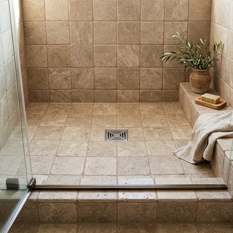 Noce Travertine Tumbled 6 x 6 x 3/8 Cross Cut Tile 6x6 — Bathroom shower floor