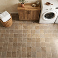 Noce Travertine Tumbled 6 x 6 x 3/8 Cross Cut Tile 6x6 — Laundry Room floor