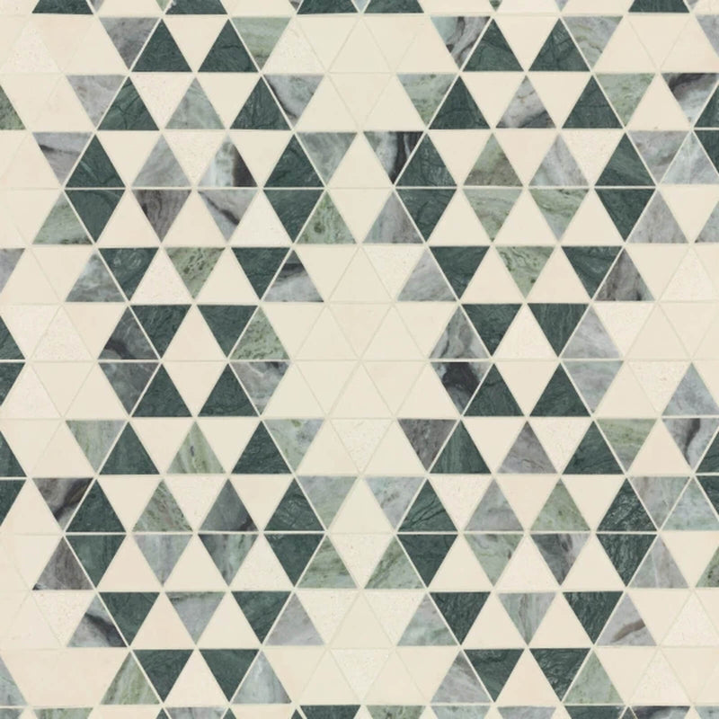 Nomadika Dandy Diamant Forest Green 12x11 marble mosaic with triangular pieces in forest green, pale green, gray and cream.