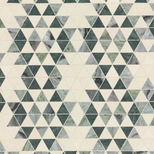 Nomadika Dandy Diamant Forest Green 12x11 marble mosaic with triangular pieces in forest green, pale green, gray and cream.