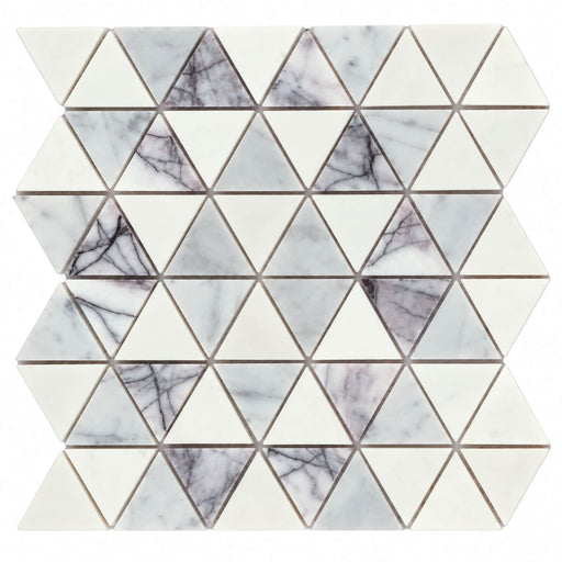 Single sheet of Nomadika Dandy Diamant Misty Lilac 12x11 marble mosaic with triangular white and lilac-gray tiles and natural veining.