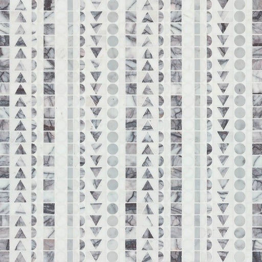 Nomadika Misty Lilac Skandi Stripe marble mosaic with geometric triangles, circles and rectangular pieces in white, pale gray and lilac.