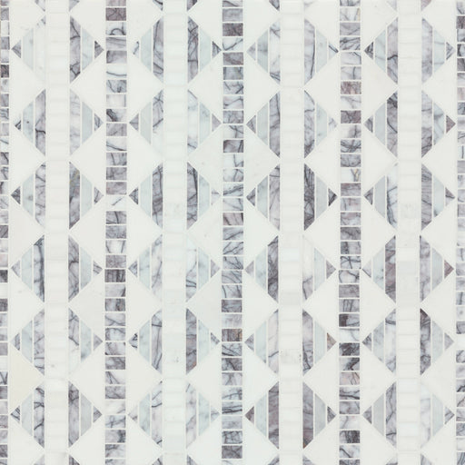 Nomadika Misty Lilac Nordik Knot marble mosaic featuring interlocking white geometric bands and lilac-gray veined stone accents.
