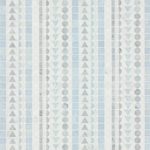 Nomadika Stormy Blue Skandi Stripe marble mosaic combining pale blue, gray and white geometric shapes in vertical bands.