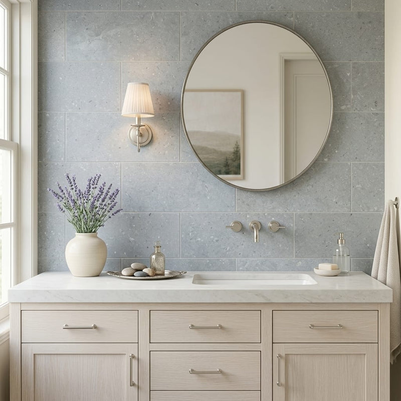 Nova Blue Limestone Tile 12x24 Honed — Bathroom vanity wall