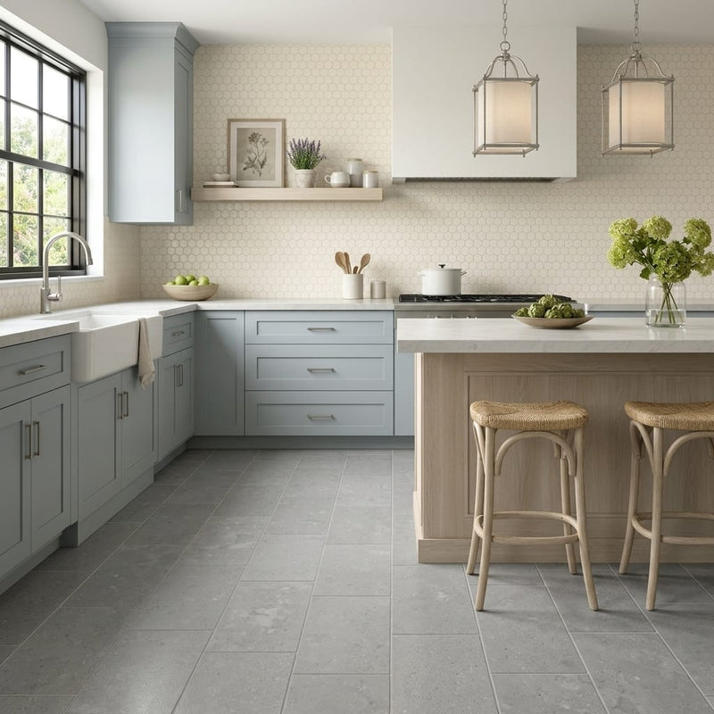 Nova Blue Limestone Tile 12x24 Honed — Kitchen floor