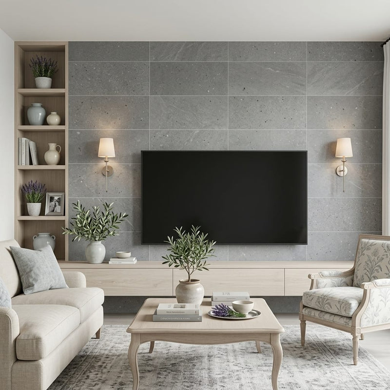 Nova Blue Limestone Tile 12x24 Honed — Living Room feature wall