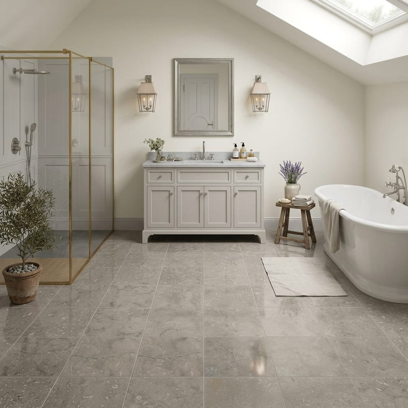 Nova Gold Polished 12x12 Limestone Tile — Bathroom floor