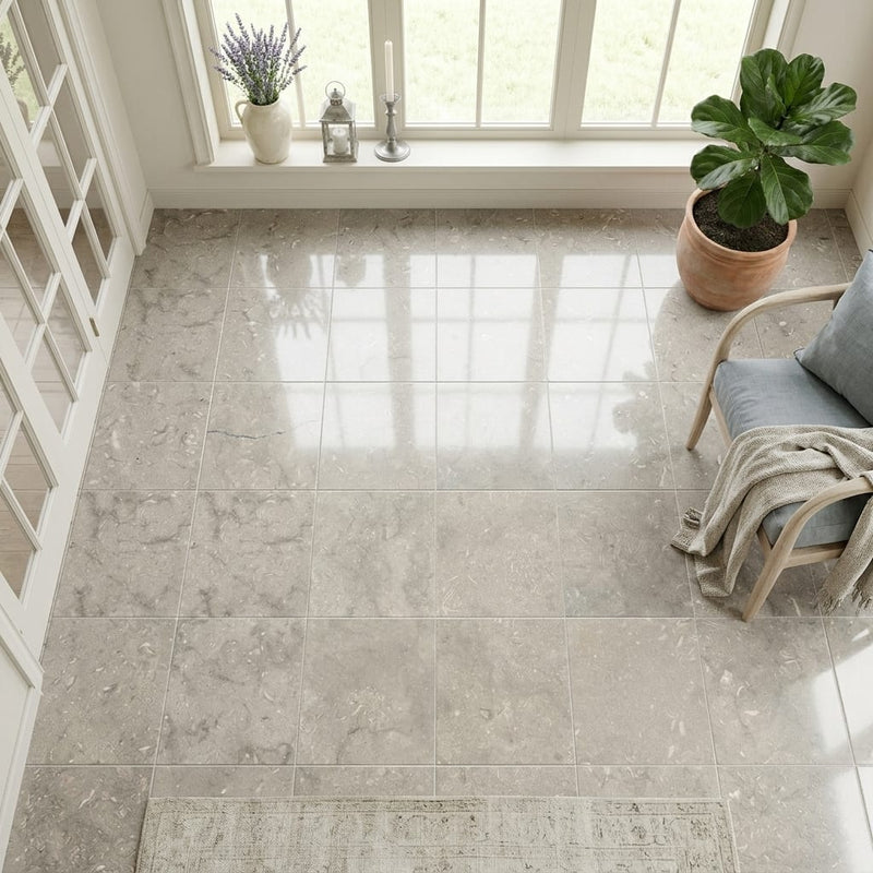 Nova Gold Polished 12x12 Limestone Tile — Sunroom floor