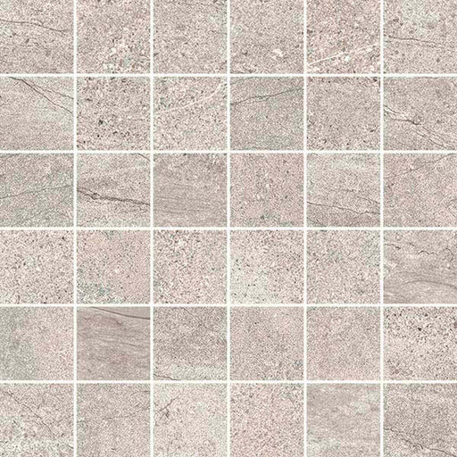 Novabell Aspen Rock 2x2 matte porcelain mosaic tile with light gray stone-look texture and subtle veining.