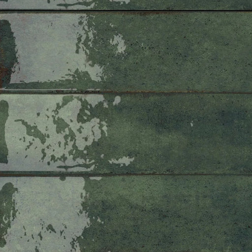 Novabell Fusion Smeraldo 2.5x10 porcelain tiles with deep green tones and irregular lighter patches arranged in horizontal rows.