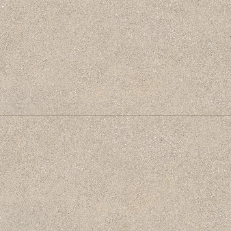 Two Novabell Khroma Corda 24x48 porcelain tiles with a warm beige-gray stone texture.