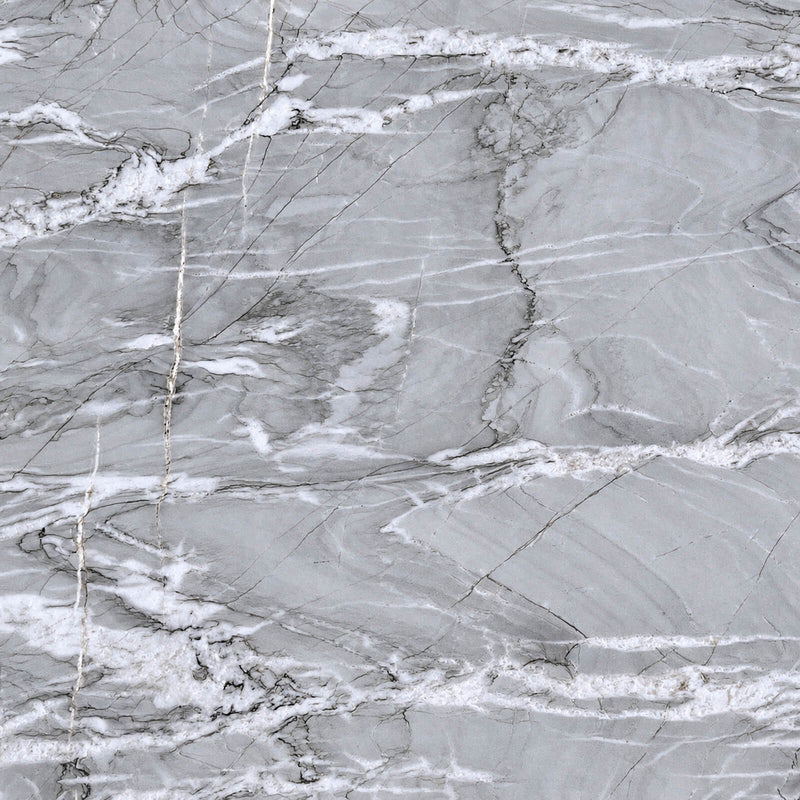 Nuage polished quartzite with a cool grey base, flowing white veins and fine dark lines.