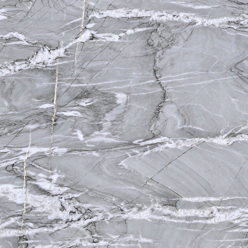 Nuage polished quartzite with a cool grey base, flowing white veins and fine dark lines.