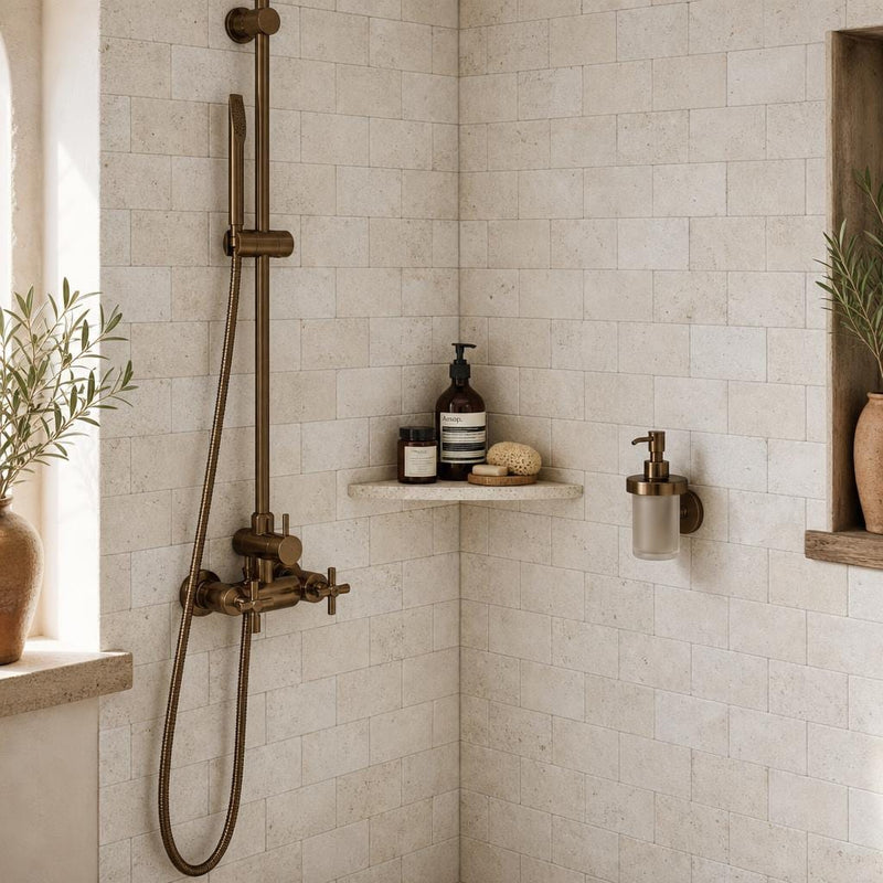 Nysa 03x06 Tumbled Travertine Tile 3x6 — Bathroom shower wall