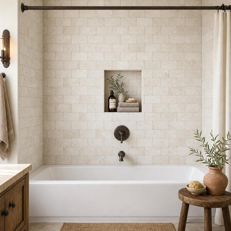 Nysa 03x06 Tumbled Travertine Tile 3x6 — Bathroom tub surround