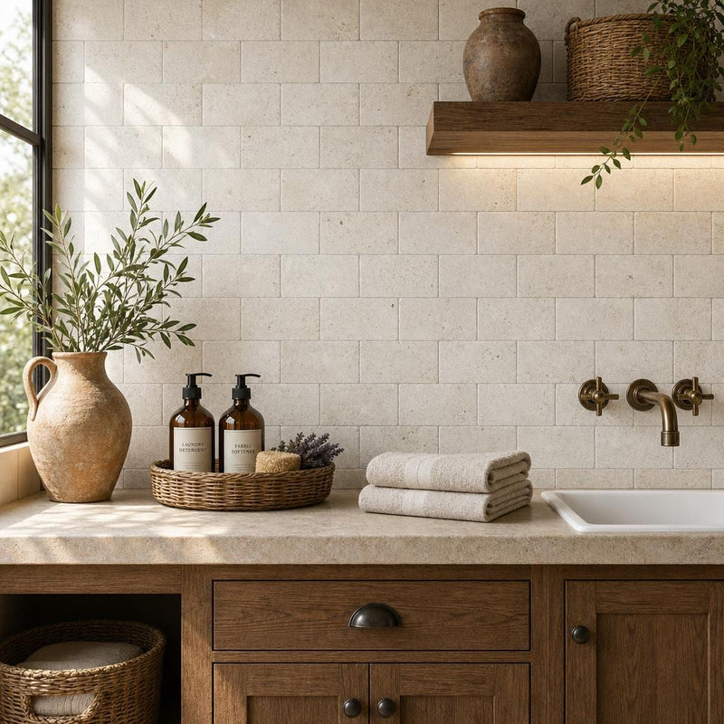 Nysa 03x06 Tumbled Travertine Tile 3x6 — Laundry Room backsplash