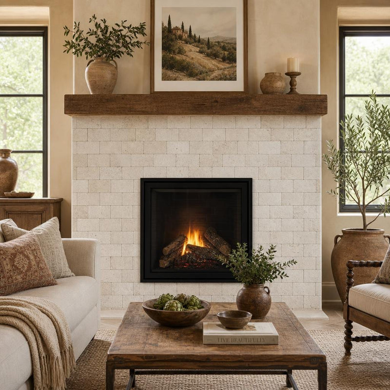 Nysa 03x06 Tumbled Travertine Tile 3x6 — Living Room fireplace surround