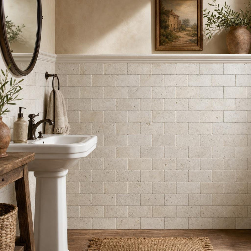 Nysa 03x06 Tumbled Travertine Tile 3x6 — Powder Room wainscot