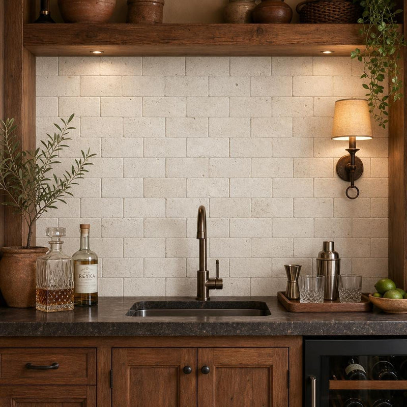 Nysa 03x06 Tumbled Travertine Tile 3x6 — Wet Bar backsplash