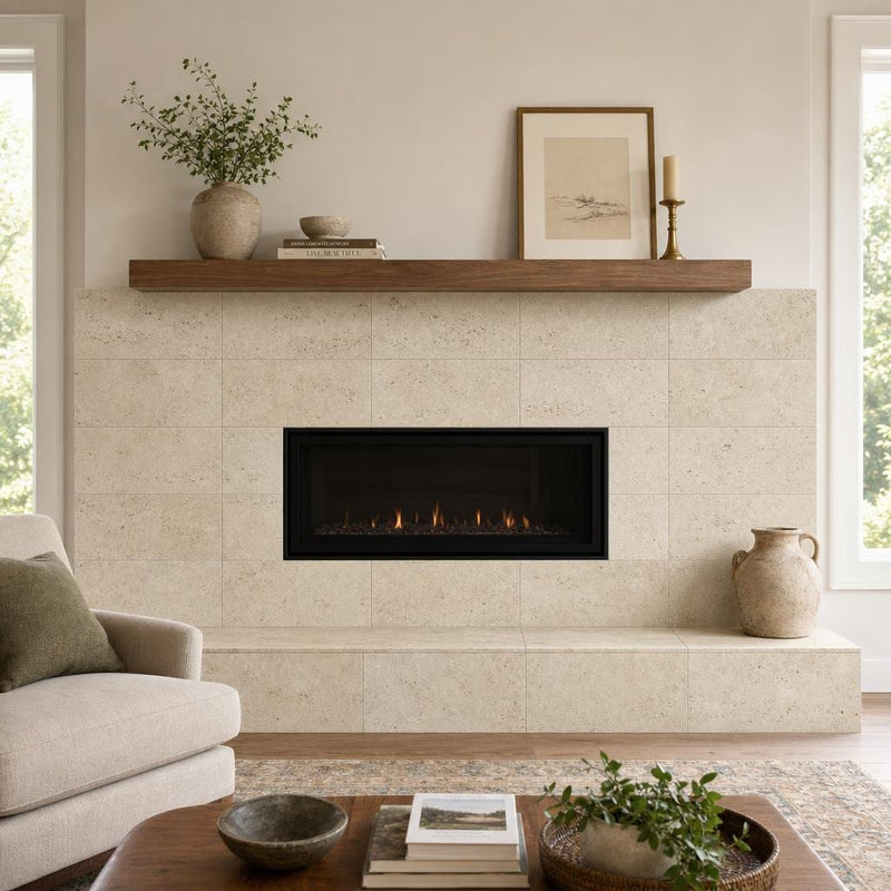 Nysa 12x24 Filled & Honed Travertine Tile — Living Room fireplace surround