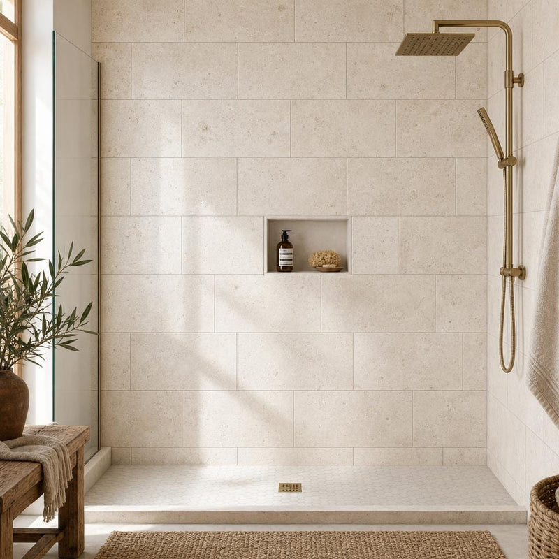 Nysa 12x24 Tumbled Travertine Tile — Bathroom shower wall