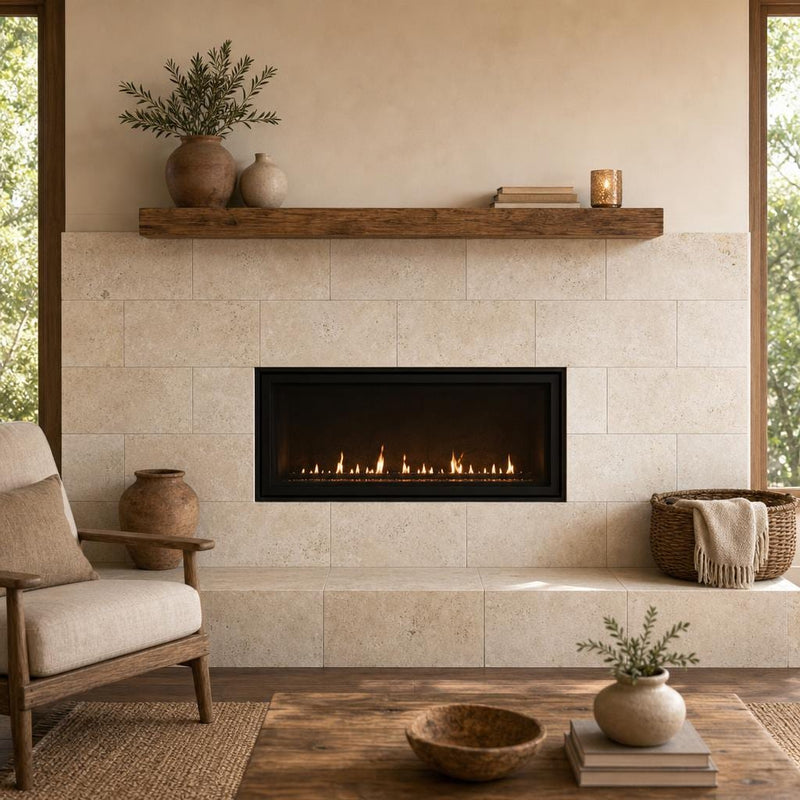 Nysa 12x24 Tumbled Travertine Tile — Living Room fireplace surround